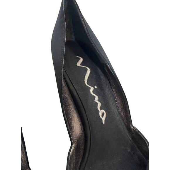 Nina Sze 9 Black Satin Rhinestone Bow Peep Toe Stiletto Heels Formal Classy Pump - Picture 5 of 11